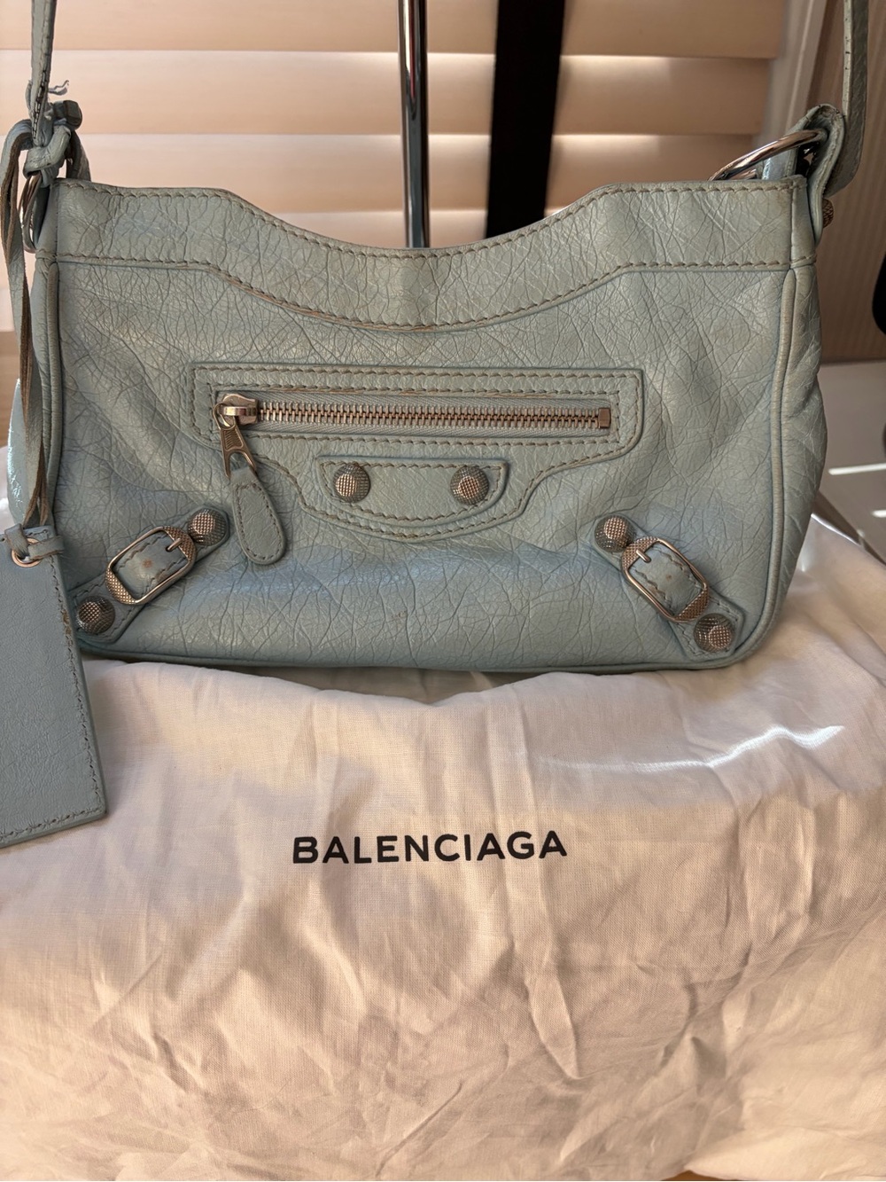 Balenciaga Pale Blue Leather hip moto crossbody bag -Silver Hardware
